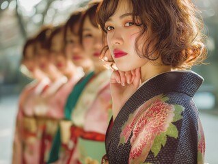 華やかな日本の着物を着た複数の若い女性