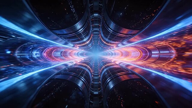 Futuristic metal space tunnel with glowing purple and orange light trails