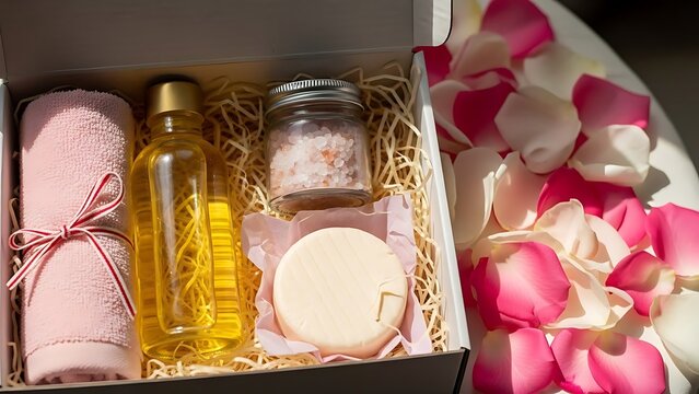 Spa gift set with towel oil soap and bath salts in a box with rose petals