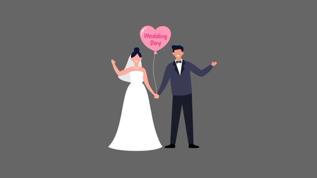 bride and groom with heart shaped balloon 3d animation