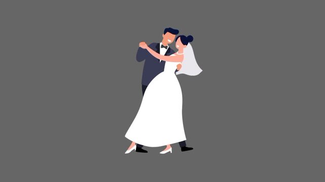 Happy bride and groom dancing on their wedding day 3d animation
