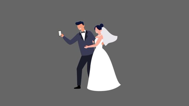 Bride and groom taking selfie on their wedding dress 3d animation 