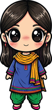 Cute Chibi Girl in Traditional Salwar Kameez, Indian Culture, Kawaii Illustration
