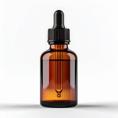 Amber Glass Dropper Bottle With Black Cap And Dropper Showing Liquid With Droplet Against White Background Studio Shot