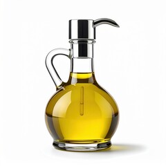 Glass Cruet With Handle And Silver Spout Filled With Golden Olive Oil On White Background With Studio Lighting