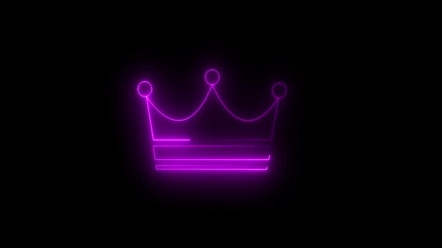 Abstract crown icon 4k animation with neon line frame. Neon Luxury crown outline on black background, glowing border looping king queen crown symbol.