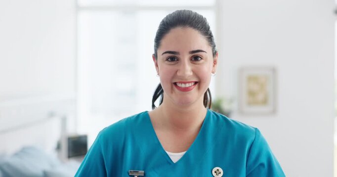 Face, woman and nurse with tablet in hospital for wellness, medical career and about us. Clinic, healthcare worker and portrait of happy person with technology for schedule, icu report and research