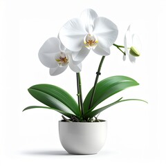 Elegant White Orchid Plant in a White Pot with Lush Green Leaves Against a Clean White Background with Soft Lighting