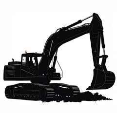 Silhouette of a black tracked excavator digging earth on a bright white background with a small orange light on the cabin