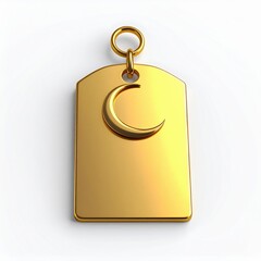 Shiny Golden Dog Tag With Crescent Moon Emblem And Ring On White Background Illuminated By Soft Studio Lighting