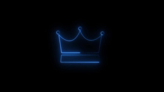 Abstract crown icon 4k animation with neon line frame. Neon Luxury crown outline on black background, glowing border looping king queen crown symbol.
