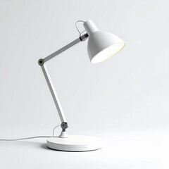 Minimalist White Articulated Desk Lamp With Adjustable Arm and Cone Shade Illuminating Against a Seamless White Background