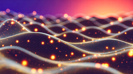 Abstract glowing digital wave surface visualization with bright orange particles