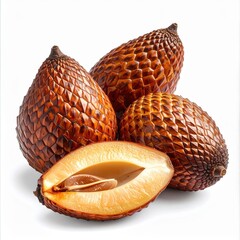 Salak Fruit Arrangement With One Fruit Cut Open Revealing Interior Texture And Seed Against White Background