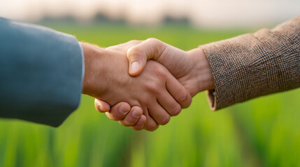 Business Handshake Between Farmers in a Green Wheat Field