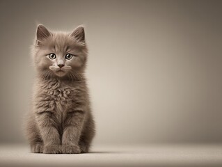 Fluffy gray kitten sitting calmly against soft neutral studio background, minimalist portrait capturing innocence, elegance, quiet focus, and gentle curiosity