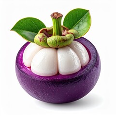 Ripe Mangosteen Fruit Cut Open Revealing White Segments and Green Leaves Against a Clean White Background
