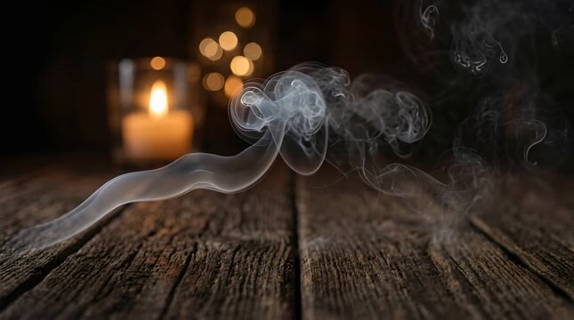 Smoke Rising From Weathered Wooden Surface With Lit Candle In Glass and Bokeh Background