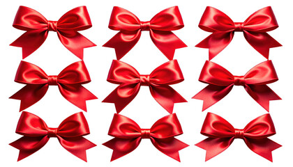 Nine bright red satin bows arranged in a grid against a stark black background