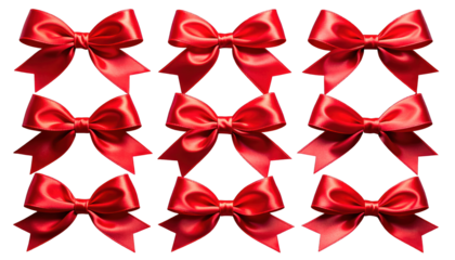 Nine bright red satin bows arranged in a grid against a stark black background