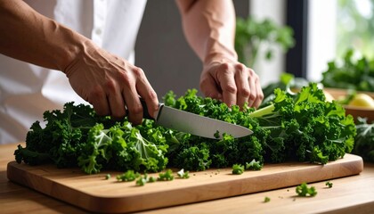 Hands Chopping Fresh Green Kale On A Wooden Cutting Board In A Bright Kitchen With Natural Light
