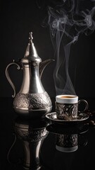 Ornate Silver Arabic Coffee Pot With Steaming Cup And Saucer On Reflective Black Surface With Dark Background