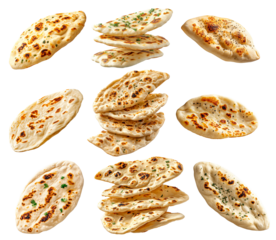 Set of naan bread showcasing its golden crust and herbs isolated on white transparent background, concept of food