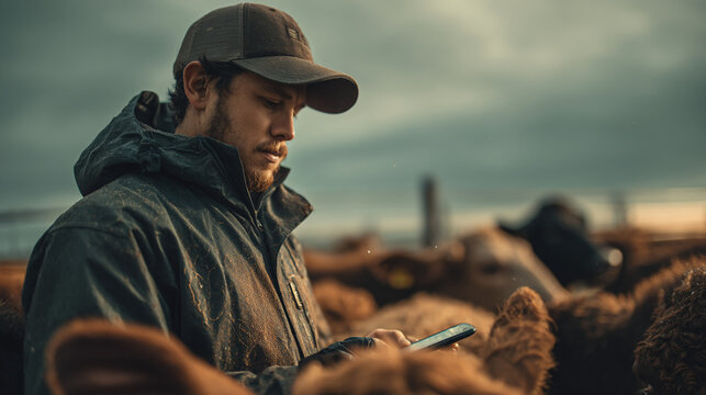 Modern farmer monitoring herd with mobile phone in the field