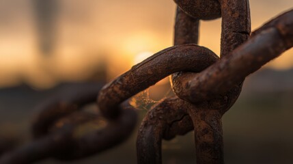 Macro photograph of rusty metal chain links with a soft golden sunset in the blurred background