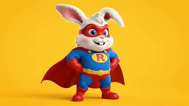 Cheerful 3D Superhero Bunny Mascot with Cape Standing on Yellow Background