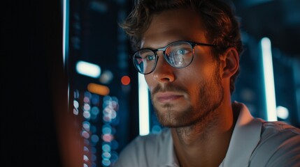 It engineer wearing glasses checking network infrastructure in a server room