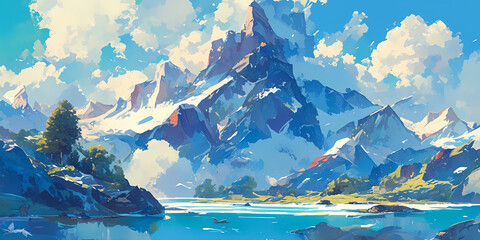 Mountain landscape illustration with lake and snowy peaks. Watercolor style nature scenery with blue sky and clouds