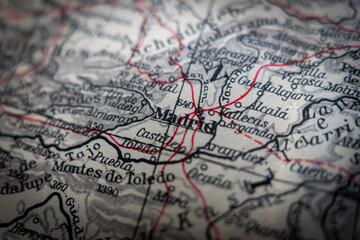 Naklejka premium Close-Up of Vintage Map Showing Madrid Area