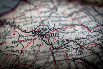 Naklejka premium Close-Up of Vintage Map Showing Paris Area