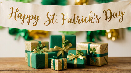 Happy St Patricks Day banner above Irish themed gifts