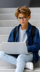Smart boy in glasses using laptop sitting on stairs outdoors
