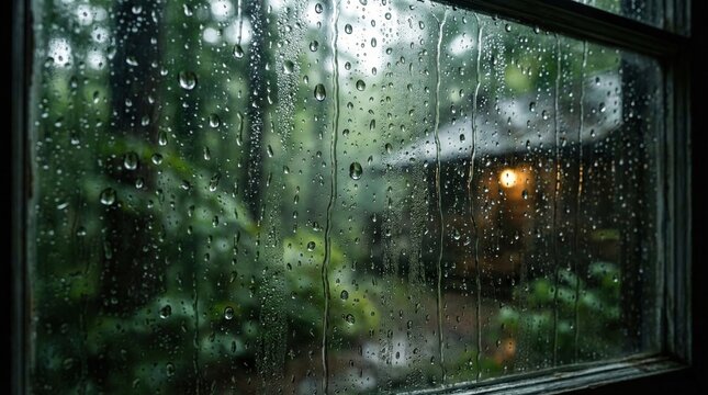Rain drops on window glass with blurred cabin in forest,melancholic view of nature through rainy windowpane,tranquil atmosphere and peaceful solitude