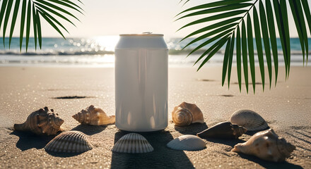 Cold Can on Sandy Beach with Seashells.