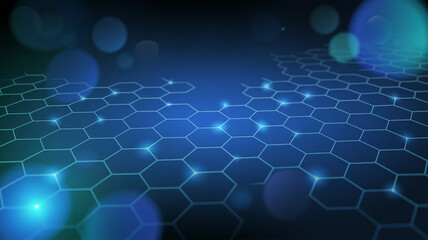 Obraz premium abstract blue background with glowing hexagonal grid and bokeh effect