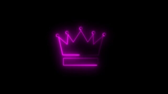 Abstract crown icon 4k animation with neon line frame. Neon Luxury crown outline on black background, glowing border looping king queen crown symbol.