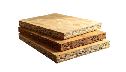 Close-up of stacked engineered wood boards showcasing varying colors and textures