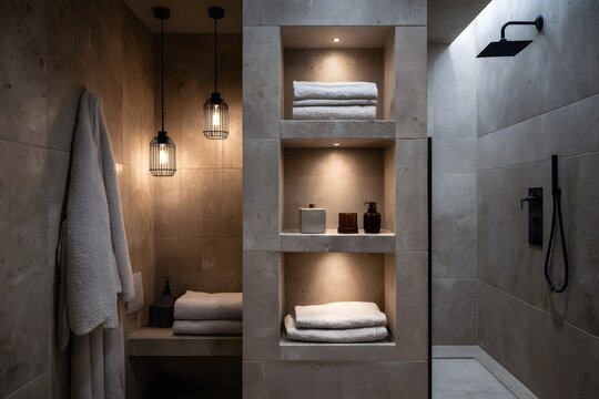 Minimalist beige stone bathroom interior features a walk-in shower with black fixtures, ambient lighting in niches, and fluffy white towels.
