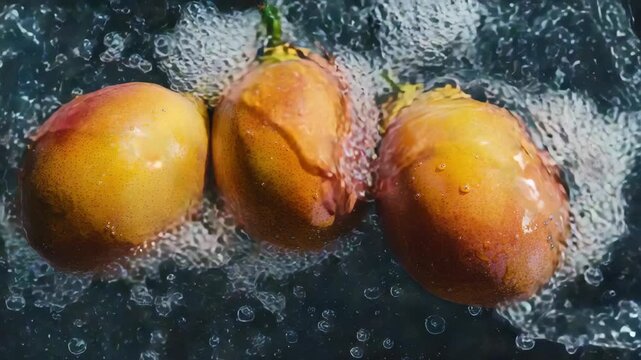 Three ripe yellow mangoes on a kitchen counter with white soapy water streaming over them.