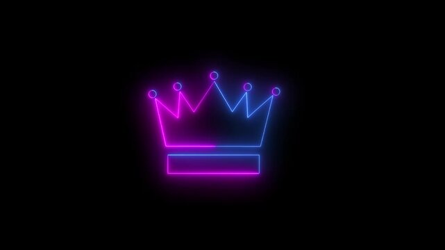 Abstract crown icon 4k animation with neon line frame. Neon Luxury crown outline on black background, glowing border looping king queen crown symbol.