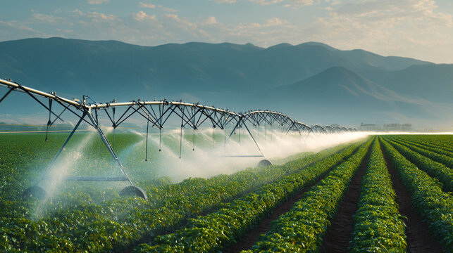 Large Center Pivot Irrigation System Watering Green Rows of Crops