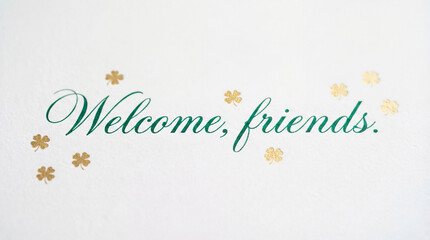 Irish St Patrick's Day welcoming message with green text and shamrocks