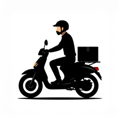 Silhouette of a Delivery Person Riding a Scooter with a Package Box on the Back in Profile View