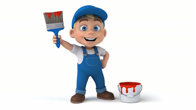 3D cartoon painter character holding brush and paint can animation