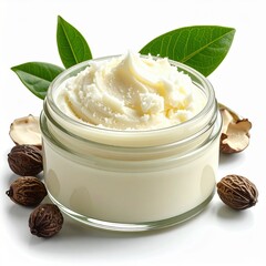 Luxurious White Cream In Glass Jar Surrounded By Natural Shea Nuts And Green Leaves Isolated On White Background With Soft Lighting