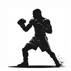 Muscular Male Boxer Silhouette in Fighting Stance Against White Background Showing Dynamic Movement and Athletic Physique